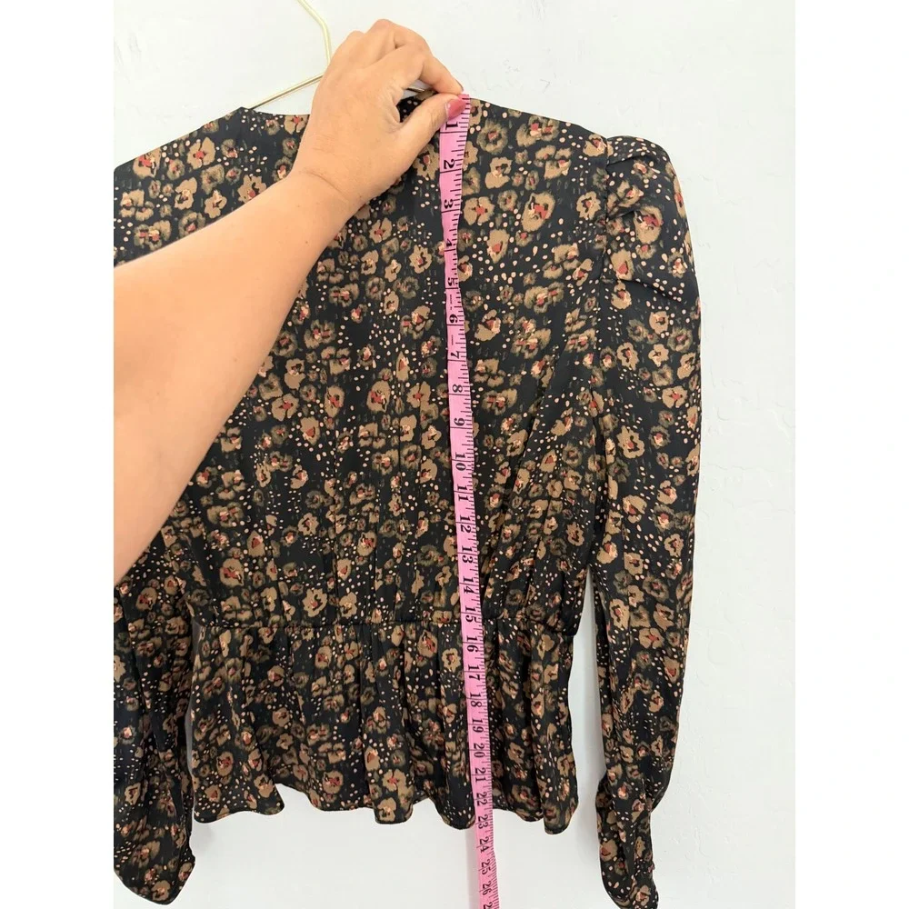 Free People Floral Surplice Peplum Victorian Blouse V-Neck Puff Sleeve Sz Small